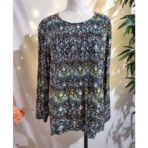 J Jill Smocked Boho Floral Paisley Keyhole Neck Long Sleeve Blouse Top Size L - Picture 1 of 11